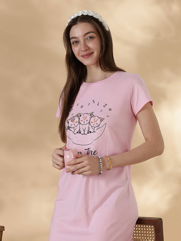 Soft cotton baby pink cute print short nighty for women