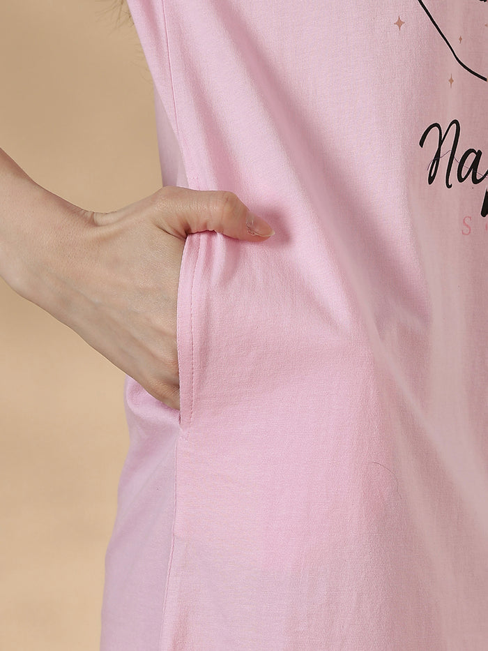 Soft cotton baby pink cute print short nighty for women
