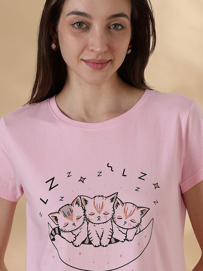 Soft cotton baby pink cute print short nighty for women