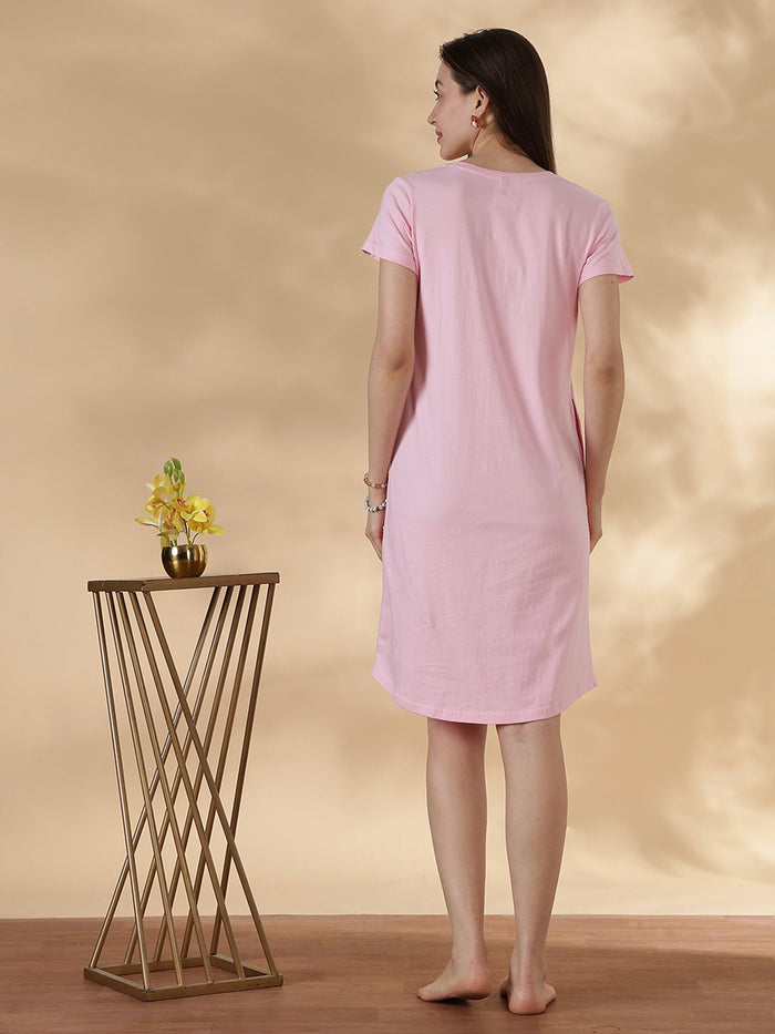 Soft cotton baby pink cute print short nighty for women