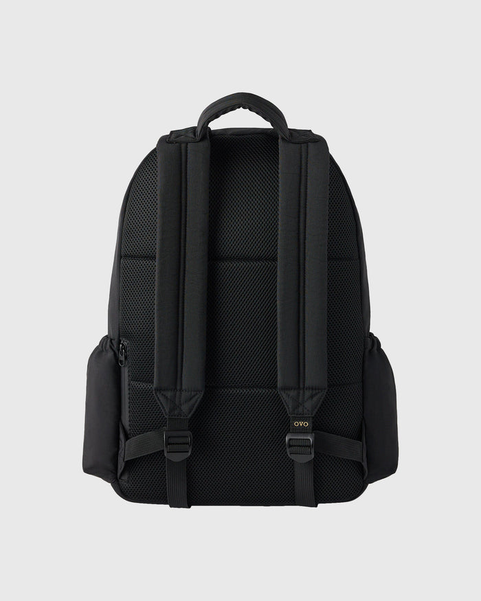 Black backpack with mesh panels, padded straps, and multiple compartments, shown from the back view.