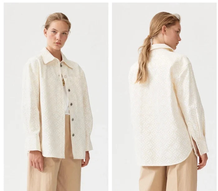 BAUM UND PFERDGARTEN Mahina organic cotton eyelet shirt jacket, lightweight women's clothing with intricate eyelet details.