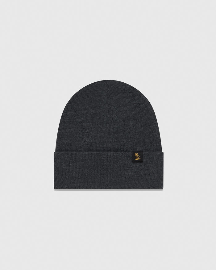Dark grey knit beanie with folded cuff and small embroidered logo on front.