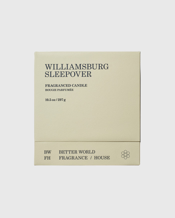 Cream-colored candle box labeled "Williamsburg Sleepover" with text indicating 10.5 oz fragrance candle by Better World Fragr
