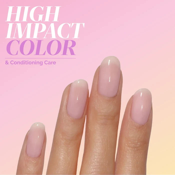 A hand with four fingers displays glossy, sheer pink "BFF" by LONDONTOWN nails against a pink and yellow gradient. Text reads: "HIGH IMPACT COLOR & Conditioning Care.