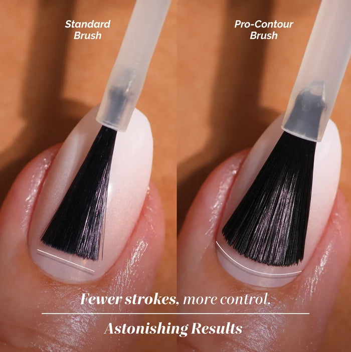 Close-up of two fingernails with LONDONTOWN's BFF polish in sheer pink: one painted with a standard brush, one with a pro-contour brush, highlighting greater control and coverage from the upgraded brush shape.