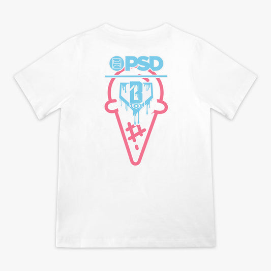 White BL 101 X PSD Scoops youth graphic tee — back view