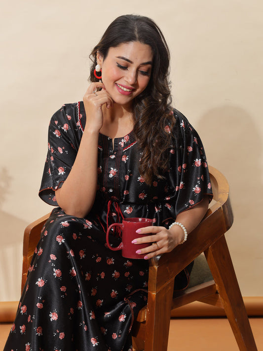 Elegant Chic Black Satin Kaftan Nghty For Women