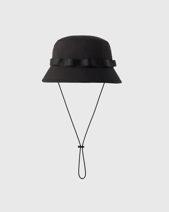 Black boonie hat with grosgrain ribbon band and chin strap against neutral background.