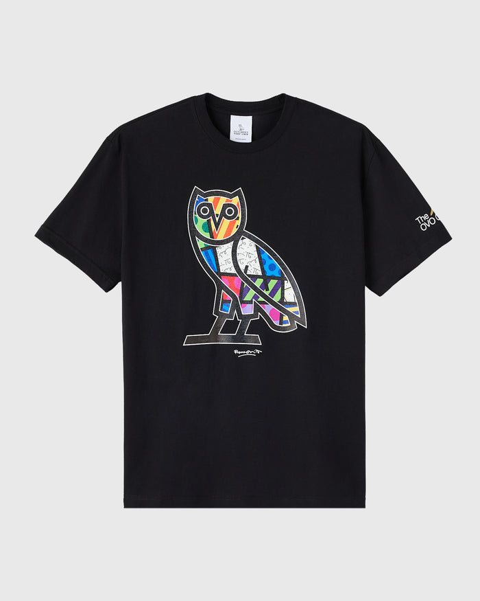 Black t-shirt with colorful geometric owl graphic on chest and small logo on sleeve.