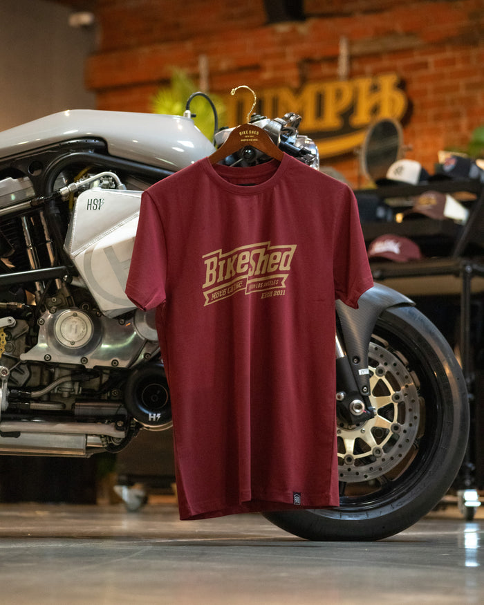 BSMC Steps T-Shirt - Burgundy display at Bike Shed LA