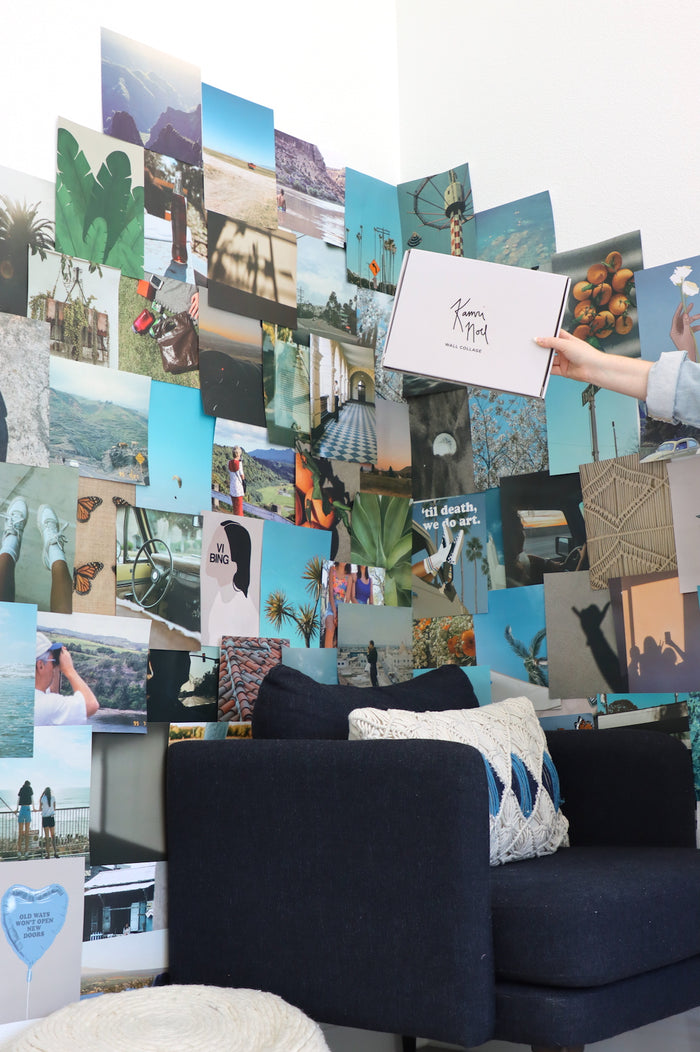 collage of photos on a wall with blue and green hues. theres a mixture of graphic designs and photos from around california
