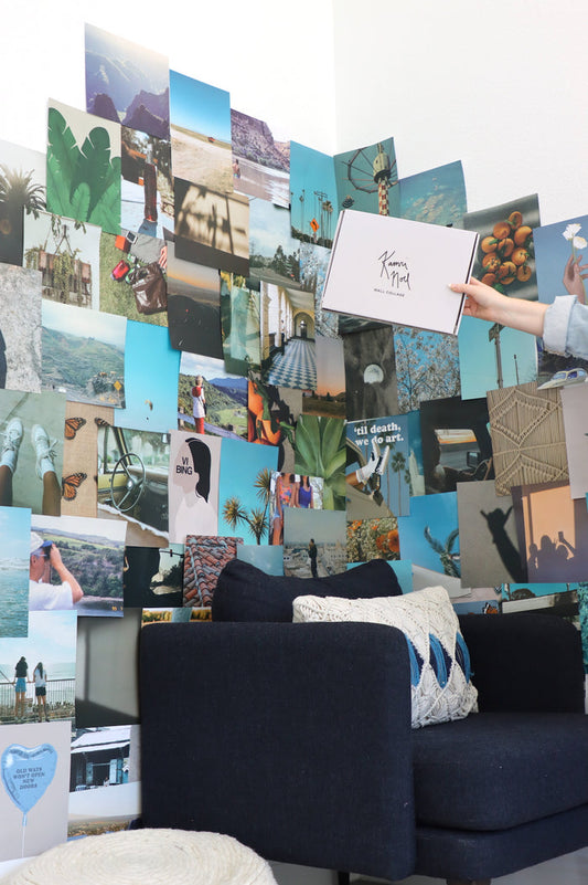 collage of photos on a wall with blue and green hues. theres a mixture of graphic designs and photos from around california