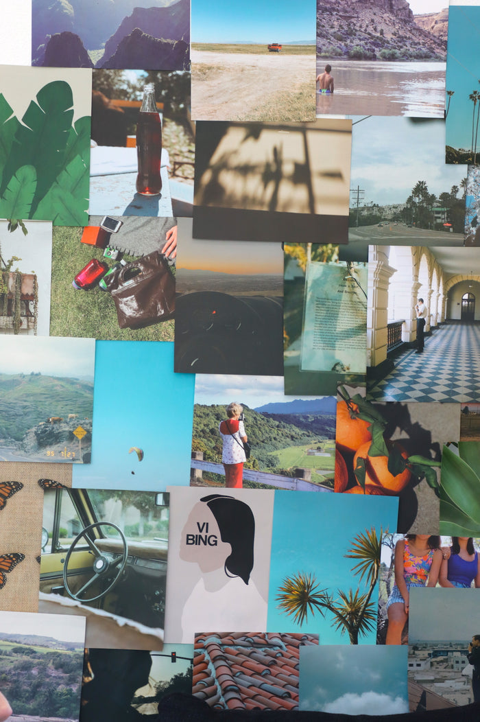 collage of photos on a wall with blue and green hues. theres a mixture of graphic designs and photos from around california
