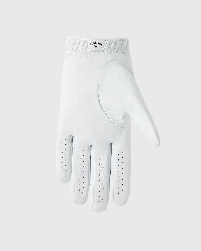 White golf glove with Callaway logo on cuff, perforated fingers, and reinforced palm patch.