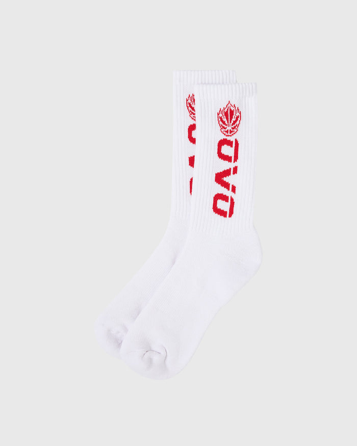 White crew socks with red Canada maple leaf logo and text on calf.