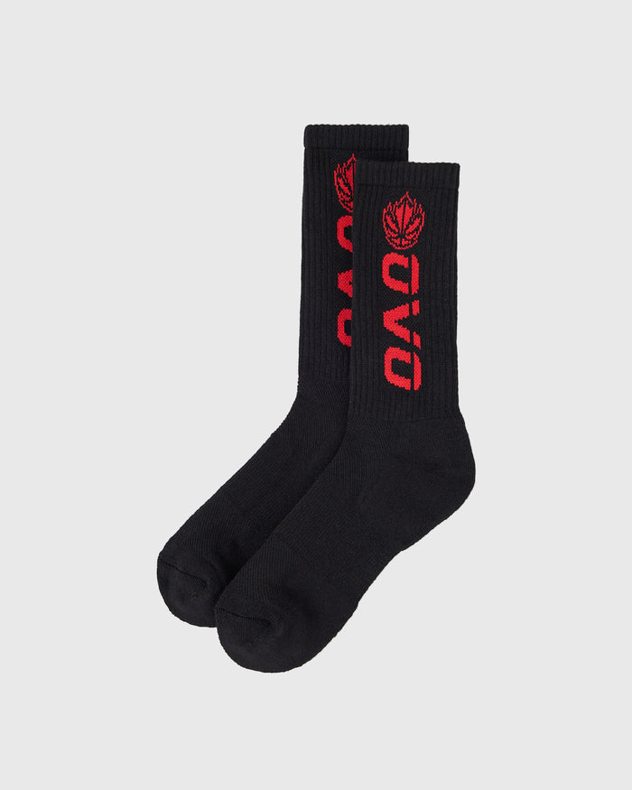Black crew socks with red Canada maple leaf logo and text design on upper calf area.