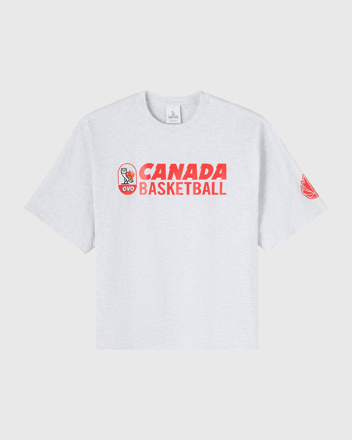 Ash heather grey t-shirt with red "Canada Basketball" text and logo on chest, small red wing graphic on sleeve.