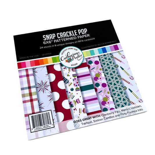 Catherine Pooler - 6x6 Patterned Paper - Snap Crackle Pop. No, that isn't your childhood breakfast cereal...that is the sound of a celebration! The Snap Crackle Pop Patterned Paper is all about a party and perfect in time for New Years. Available at Embellish Away located in Bowmanville Ontario Canada.