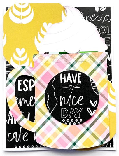 Catherine Pooler - Dies - Con Panna. The Con Panna Die is a super fun coffee mug die that is also a surprise gift card holder. This die would be super cute on a card front, on it's own, or as a journaling tab for a scrapbook page! Available at Embellish Away located in Bowmanville Ontario Canada. Example by brand ambassador.