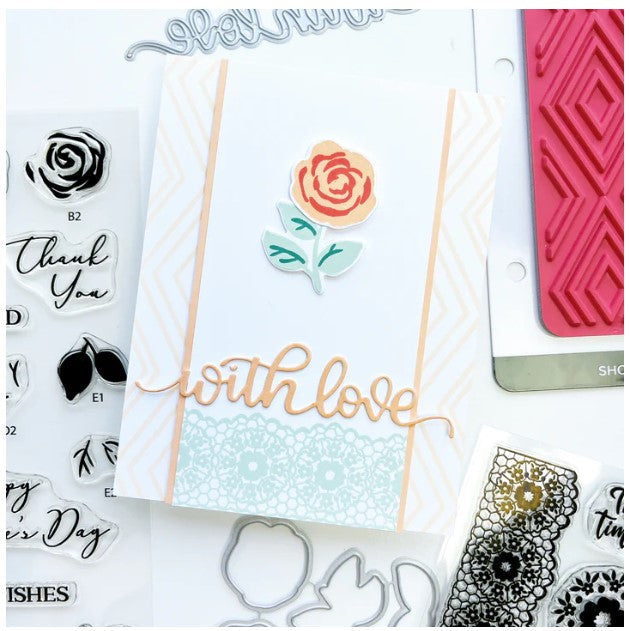 Catherine Pooler - Word Die - With Love. The perfect little extra is the With Love Word Die. This hand-scripted word die is an all-in-one continuous phrase that could be clipped apart and positioned stacked if desired. Available at Embellish Away located in Bowmanville Ontario Canada. Card by brand ambassador.