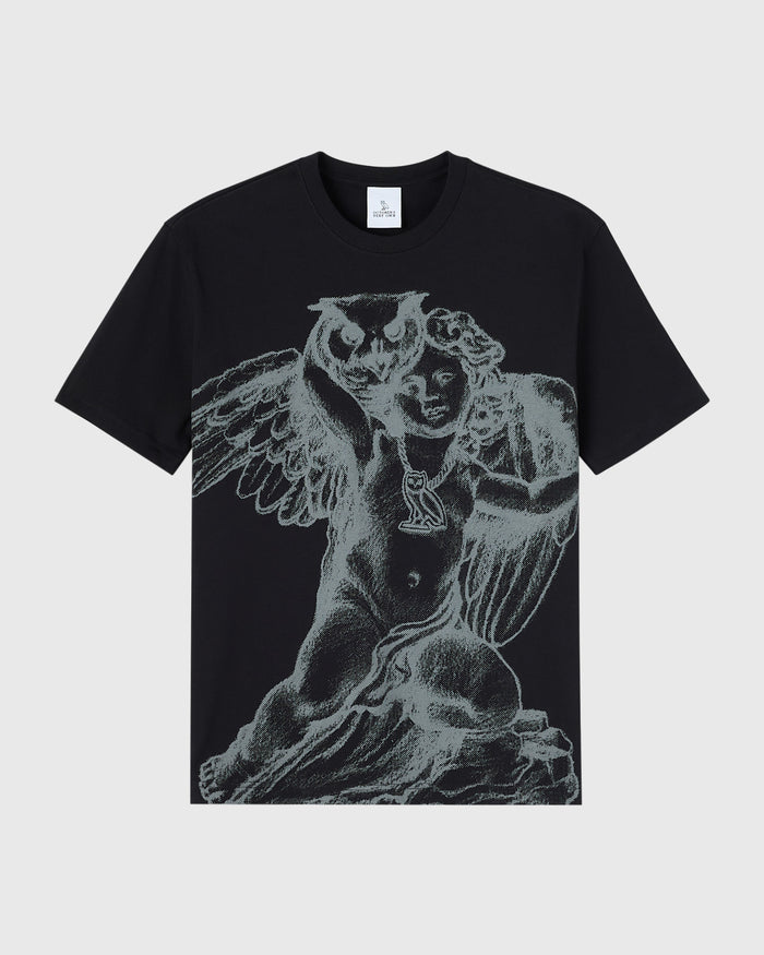Black short-sleeve t-shirt with gray engraved cherub and owl figures on front.