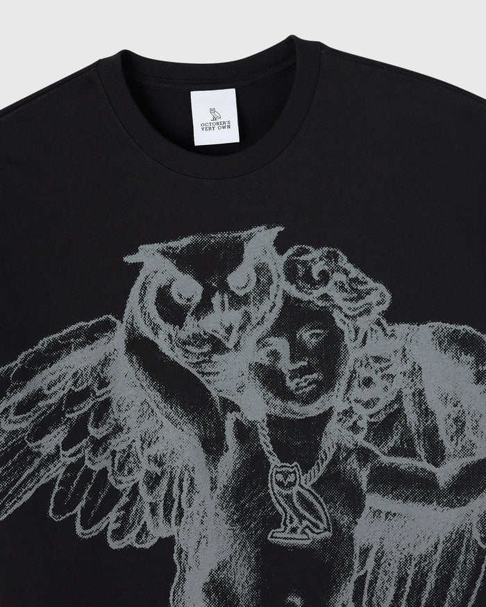 Black t-shirt with gray cherub angel graphic printed on chest.