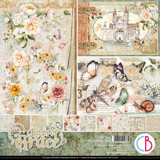 Ciao Bella - 12x12 Patterns Pad - 8 Sheets - Reign of Grace. The Patterns Pad is more than only textures and backgrounds. It features beautiful artwork to complete the collection’s storytelling. Available at Embellish Away located in Bowmanville Ontario Canada.