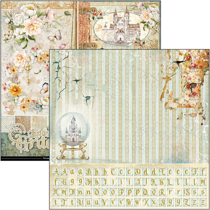 Ciao Bella - 12x12 Patterns Pad - 8 Sheets - Reign of Grace. The Patterns Pad is more than only textures and backgrounds. It features beautiful artwork to complete the collection’s storytelling. Available at Embellish Away located in Bowmanville Ontario Canada.