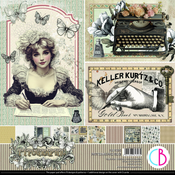 Ciao Bella - 12X12 Patterns Paper Pad - Typographic. Includes 8 Sheets. Available at Embellish Away located in Bowmanville Ontario Canada.