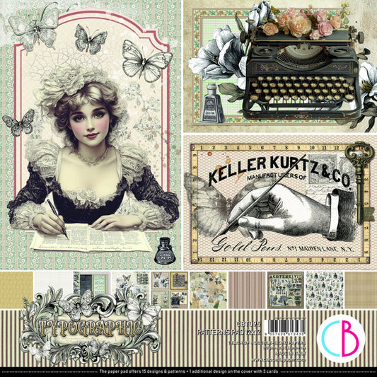 Ciao Bella - 12X12 Patterns Paper Pad - Typographic. Includes 8 Sheets. Available at Embellish Away located in Bowmanville Ontario Canada.