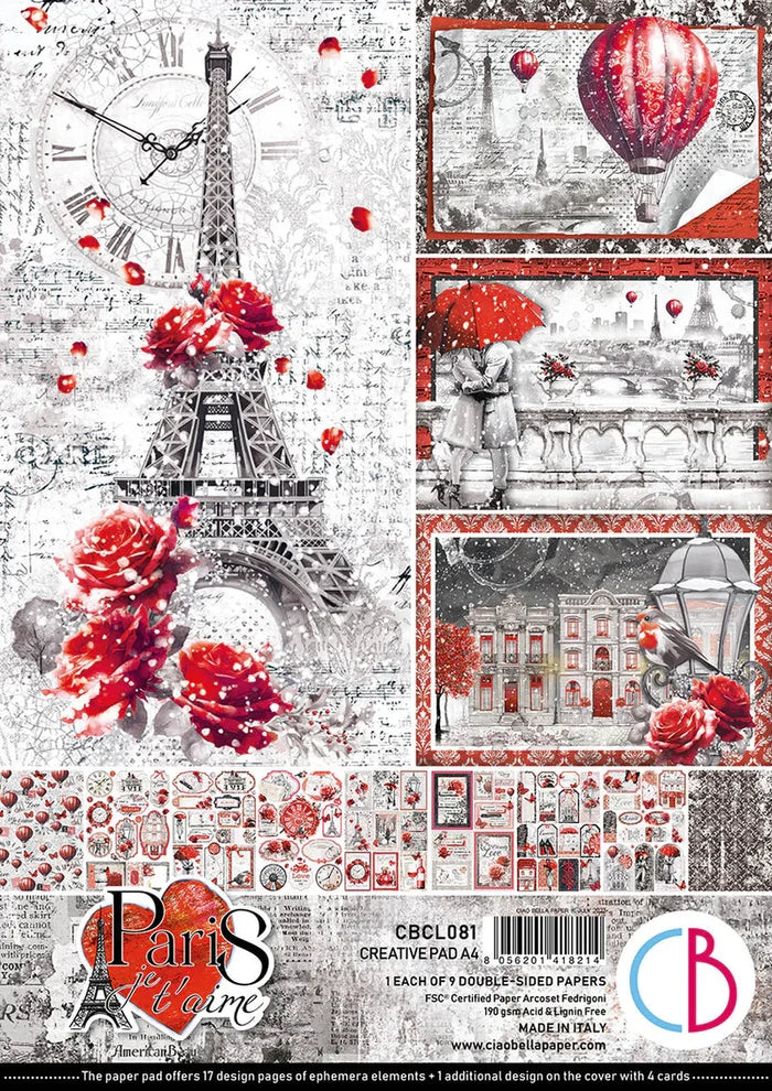 Ciao Bella - Creative Pad A4 9/Pkg - Paris Je t’aime. An elegant and modern collection that celebrates Paris with a refined combination of white, black, and red details. Available at Embellish Away located in Bowmanville Ontario Canada
