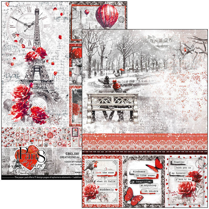 Ciao Bella - Creative Pad A4 9/Pkg - Paris Je t’aime. An elegant and modern collection that celebrates Paris with a refined combination of white, black, and red details. Available at Embellish Away located in Bowmanville Ontario Canada