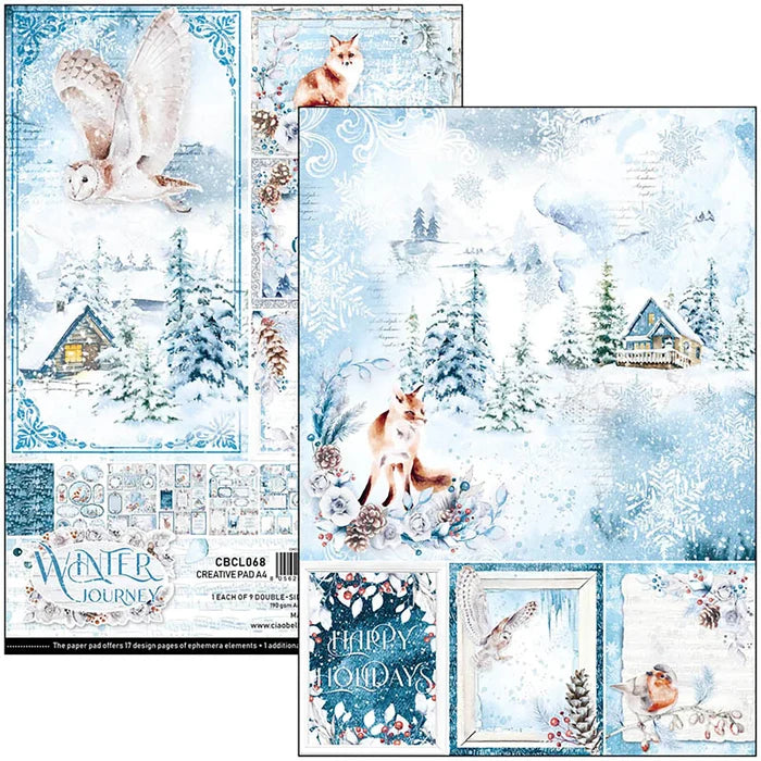 Ciao Bella - Creative Pad A4 9/Pkg - Winter Journey. With beautiful snowy images the Winter Journey collection has a cool color palette of ice blue and white perfect for your Winter projects and greeting cards. Available at Embellish Away located in Bowmanville Ontario Canada