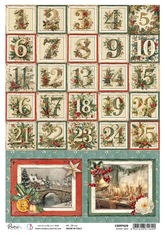Ciao Bella - Rice Paper Sheet A4 - Advent Days. Great for paper craft. Available at Embellish Away located in Bowmanville Ontario Canada