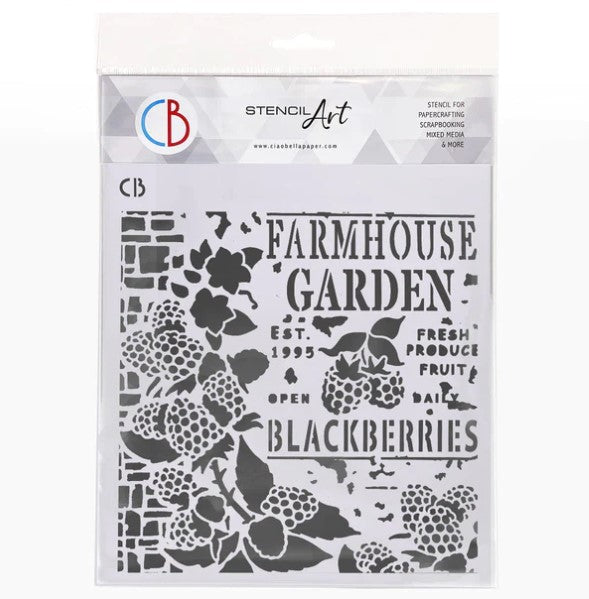 Ciao Bella - Texture Stencil 8x8 - Farmhouse Garden. Stencil Art line is designed to add layering textures and designs to your projects. This mask has images of blackberries and text. Perfect for paper crafting, scrapbooking and mixed media projects. Available at Embellish Away located in Bowmanville Ontario Canada.