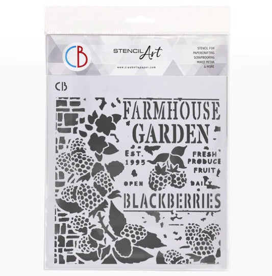 Ciao Bella - Texture Stencil 8x8 - Farmhouse Garden. Stencil Art line is designed to add layering textures and designs to your projects. This mask has images of blackberries and text. Perfect for paper crafting, scrapbooking and mixed media projects. Available at Embellish Away located in Bowmanville Ontario Canada.