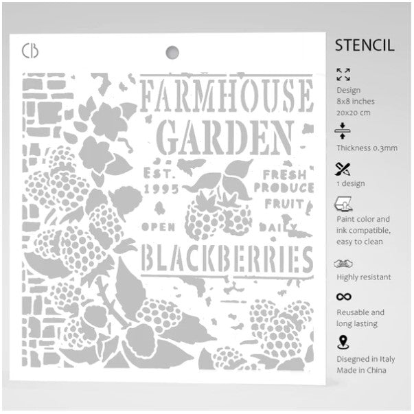 Ciao Bella - Texture Stencil 8x8 - Farmhouse Garden. Stencil Art line is designed to add layering textures and designs to your projects. This mask has images of blackberries and text. Perfect for paper crafting, scrapbooking and mixed media projects. Available at Embellish Away located in Bowmanville Ontario Canada.