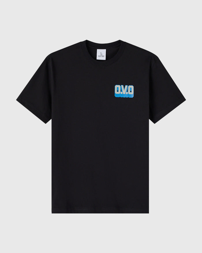 Black t-shirt with blue "OMG" wordmark text printed on chest.