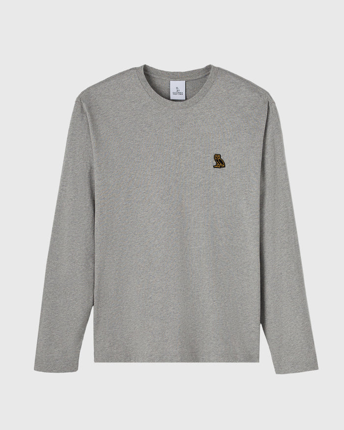 Gray long-sleeve t-shirt with crew neck and small embroidered bird logo on chest.