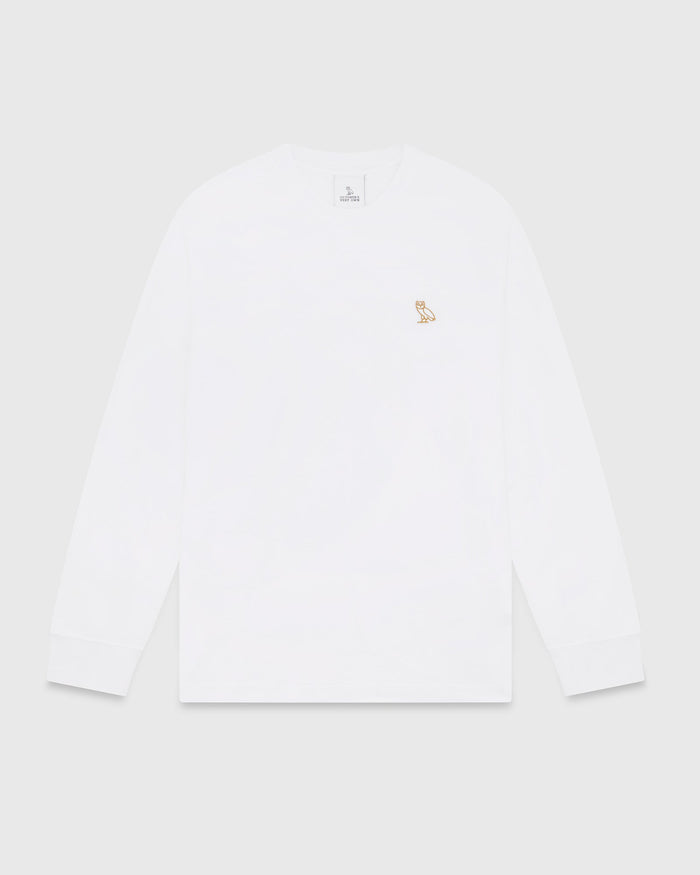 White long-sleeve t-shirt with small embroidered owl logo on chest.