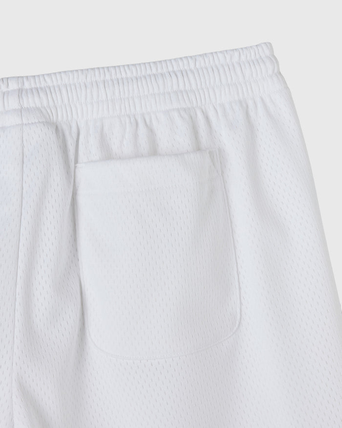 White mesh shorts with elasticated waistband and front patch pocket.