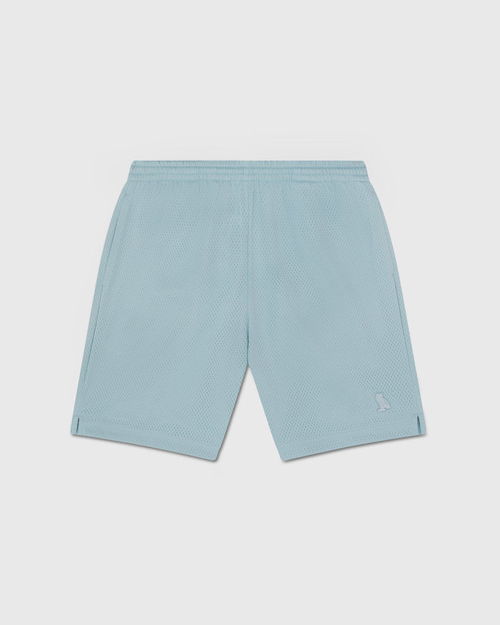 Light blue mesh shorts with elastic waistband and side slits.