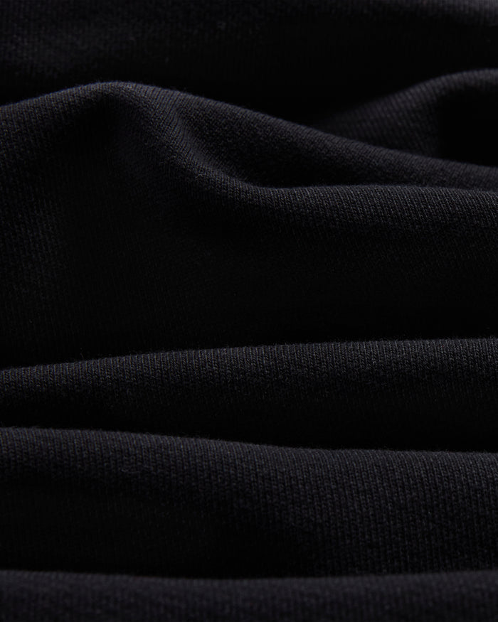 Black sweatpant fabric with ribbed open hem detail, close-up of textured knit material.