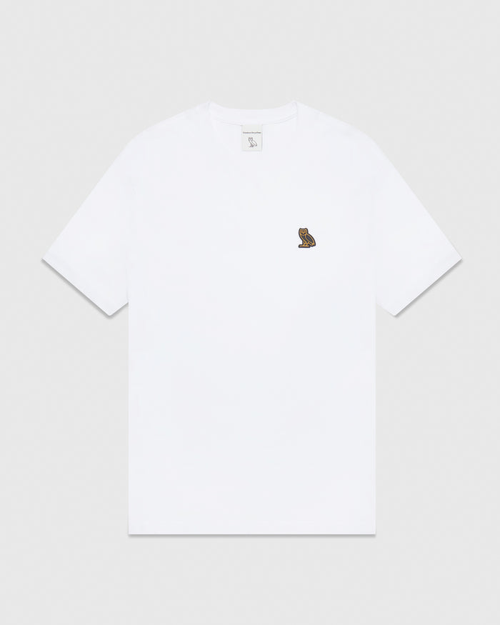 White short-sleeve t-shirt with small embroidered owl graphic on chest.