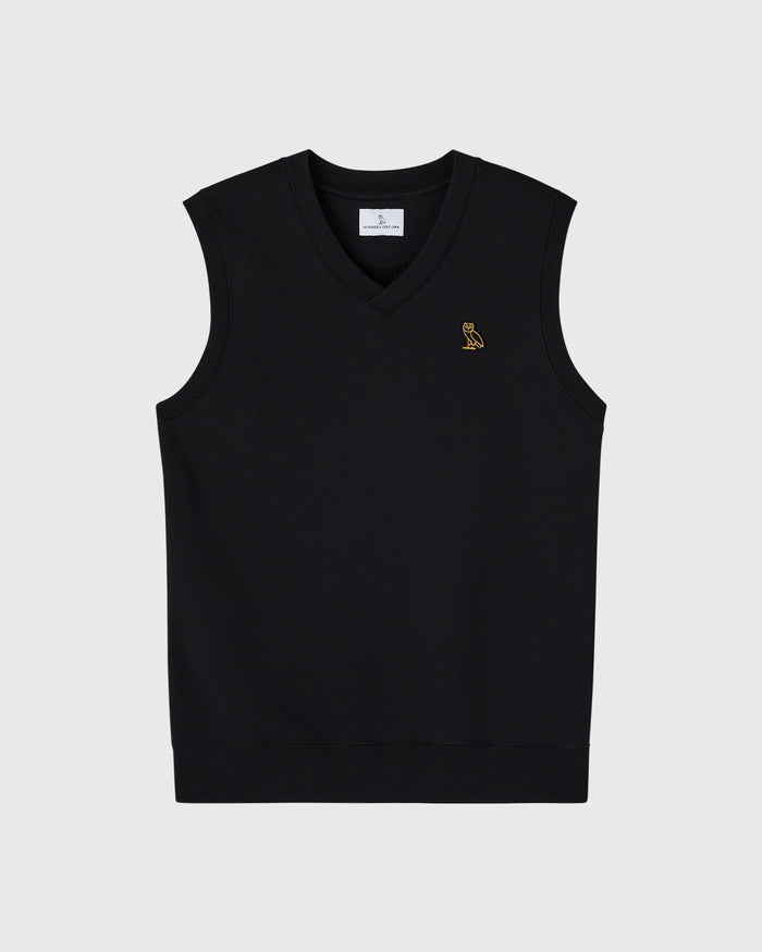 Black sleeveless vest with V-neckline and small gold embroidered owl logo on chest.