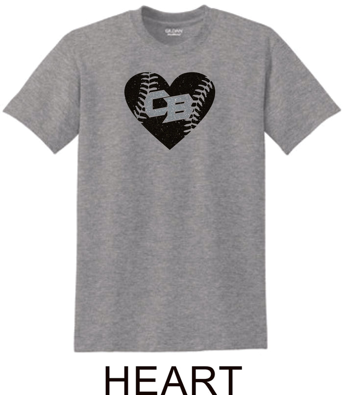 CO Baseball Basic Heart Tee- Matte or Glitter