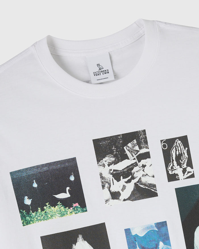 White t-shirt with crew neckline and black and white collage print featuring various imagery on front.