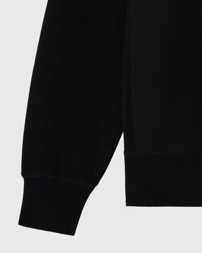 Black crewneck sweatshirt with ribbed cuffs and hem detail.