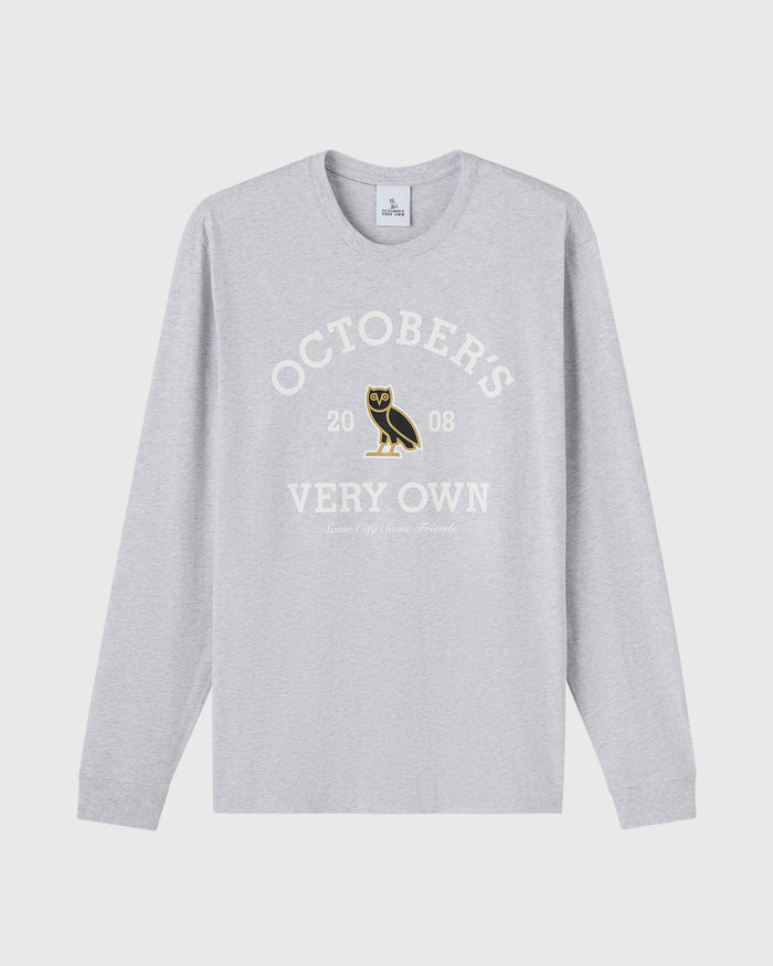 Ash heather grey long-sleeve tee with "Octobers Very Own" text and owl graphic on chest.